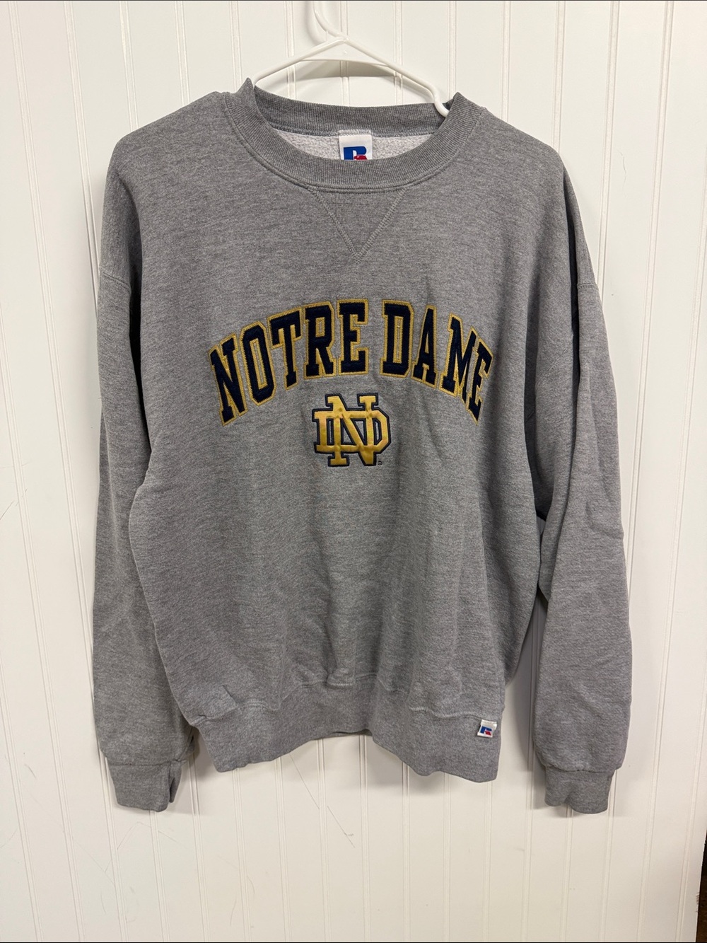 Russell Athletic Gray Notre Dame Crewneck Sweatshirt with Gold & Navy Logo